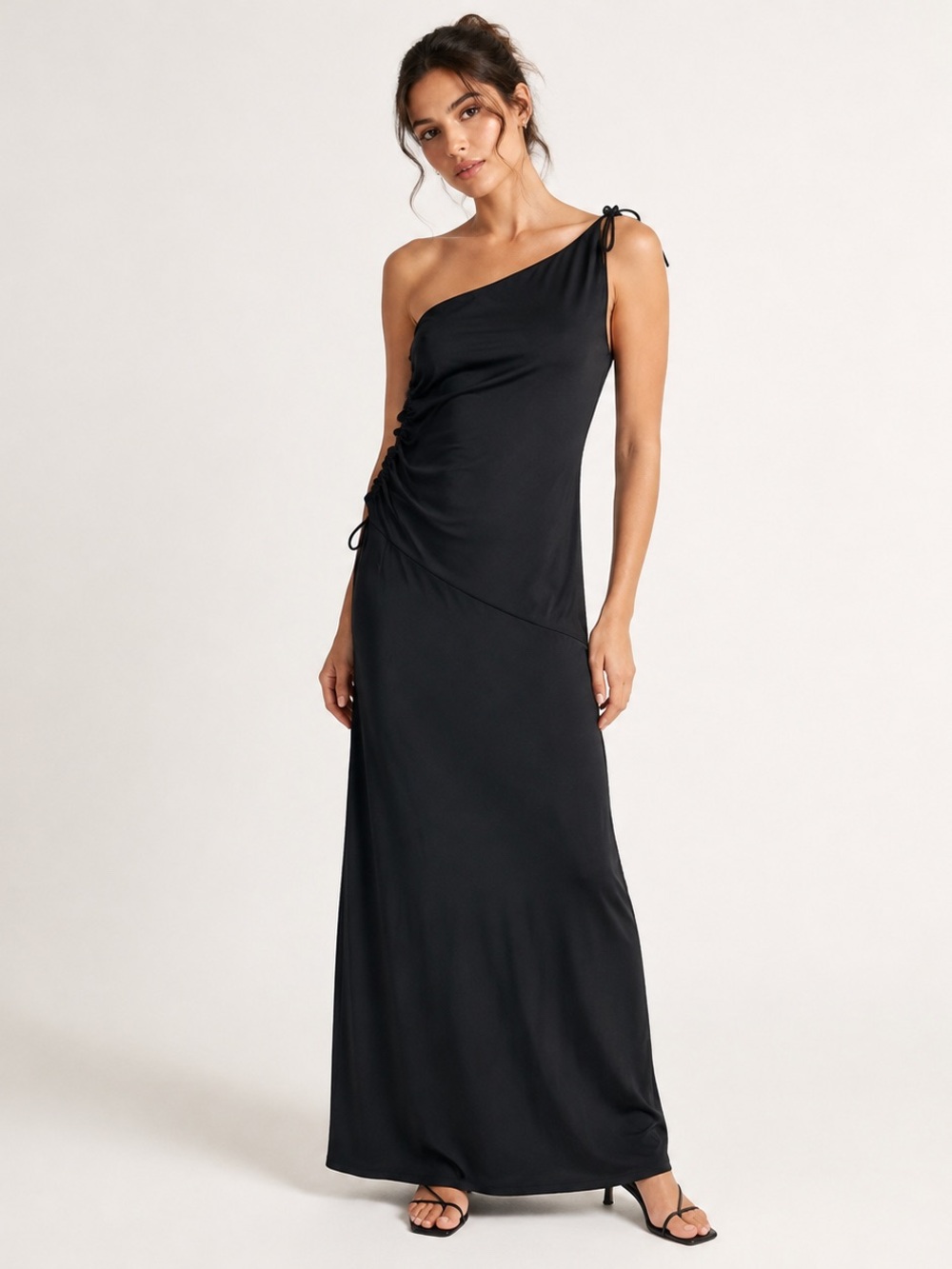 Vintage Y2K De Laru by Sheila Yen Black One-Shoulder Ruched Maxi Dress